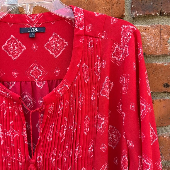 NYDJ Red Printed Pintuck Peasant Blouse  L - Picture 3 of 7